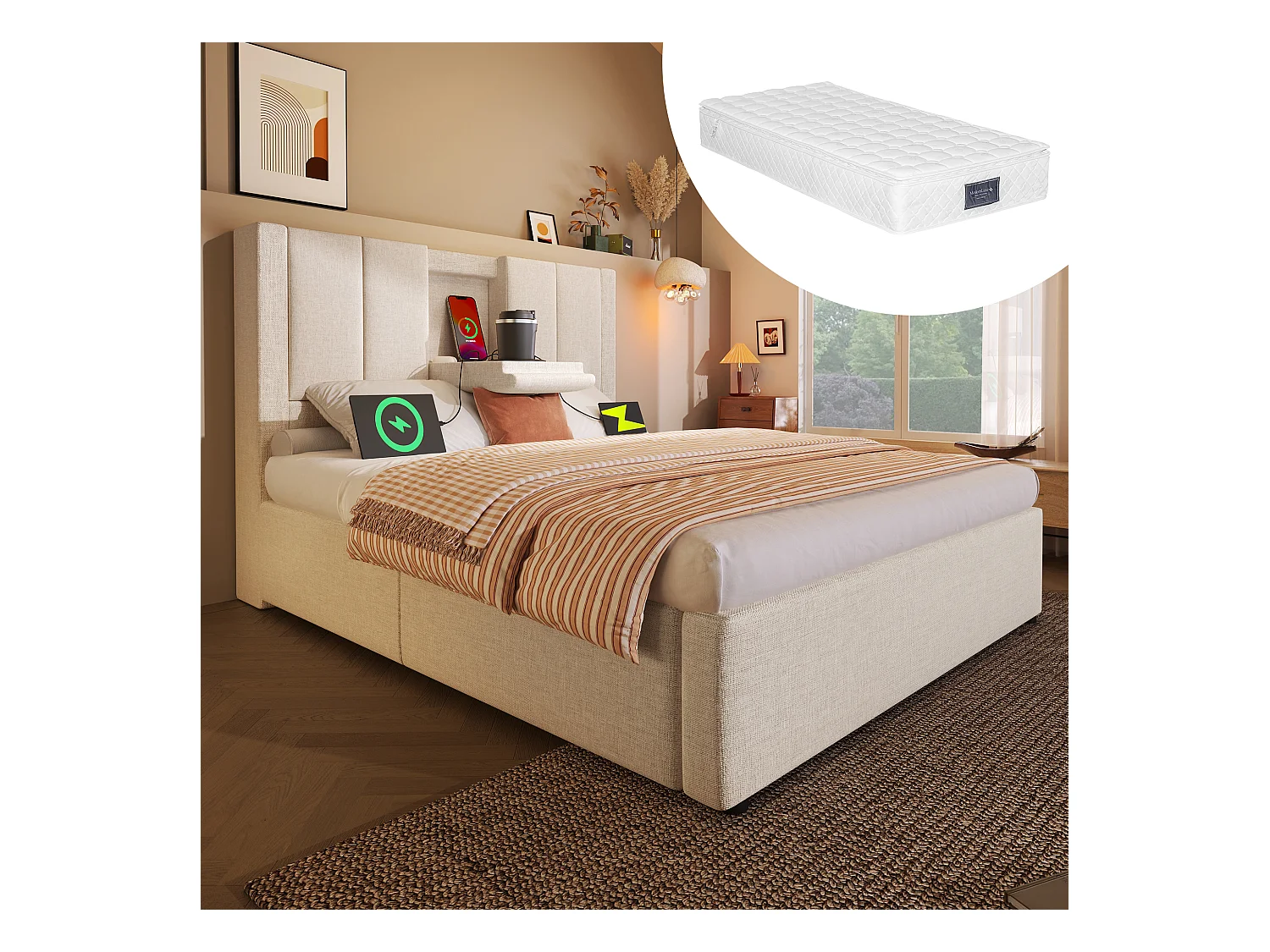 Lit coffre rembourré simple - 90 x 200 cm - avec porte-gobelet caché et station de charge - lin - beige(avec matelas)