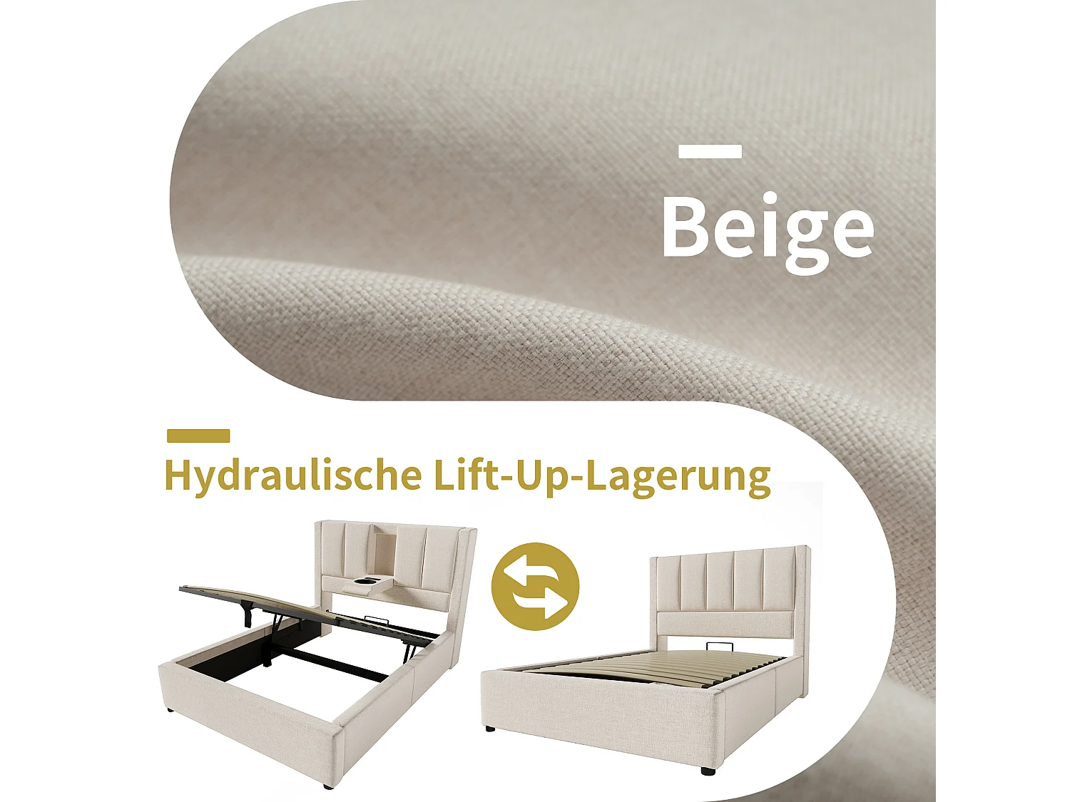 Lit coffre rembourré simple - 90 x 200 cm - avec porte-gobelet caché et station de charge - lin - beige(avec matelas)