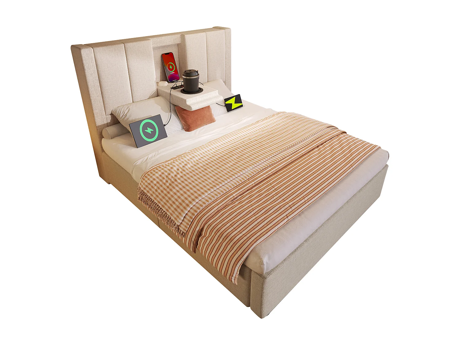 Lit coffre rembourré simple - 90 x 200 cm - avec porte-gobelet caché et station de charge - lin - beige(avec matelas)