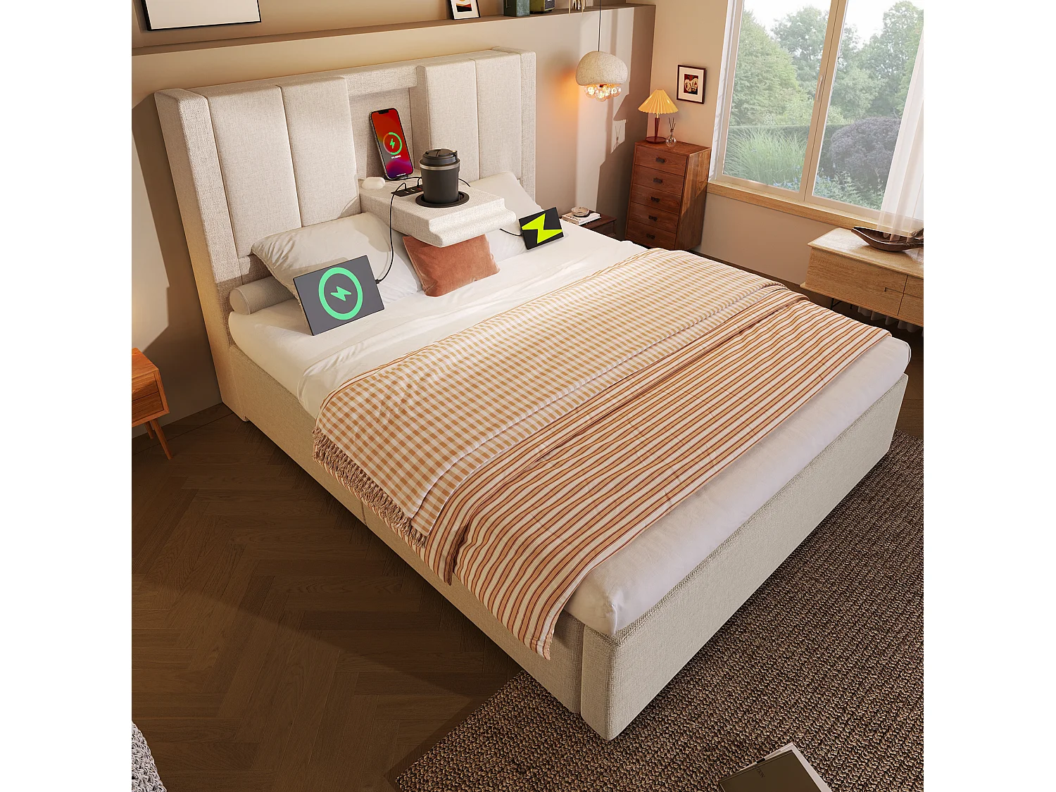 Lit coffre rembourré simple - 90 x 200 cm - avec porte-gobelet caché et station de charge - lin - beige(avec matelas)