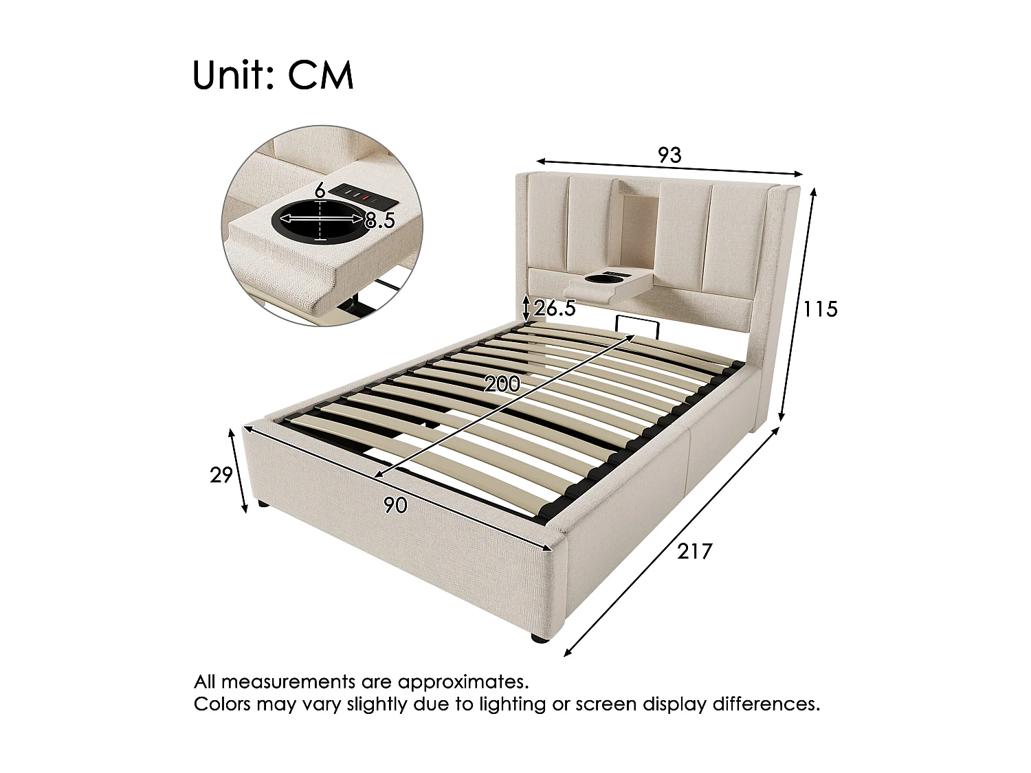 Cama individual tapizada con almacenaje - 90 x 200 cm - con portavasos oculto y estación de carga - lino - beige (con colchón)