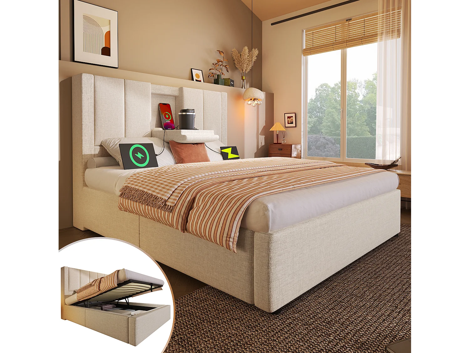 Cama individual tapizada con almacenaje - 90 x 200 cm - con portavasos oculto y estación de carga - lino - beige (con colchón)