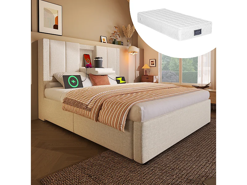 Letto singolo imbottito contenitore - 90 x 200 cm - con portabicchieri nascosto e stazione di ricarica - lino - beige (con materasso)