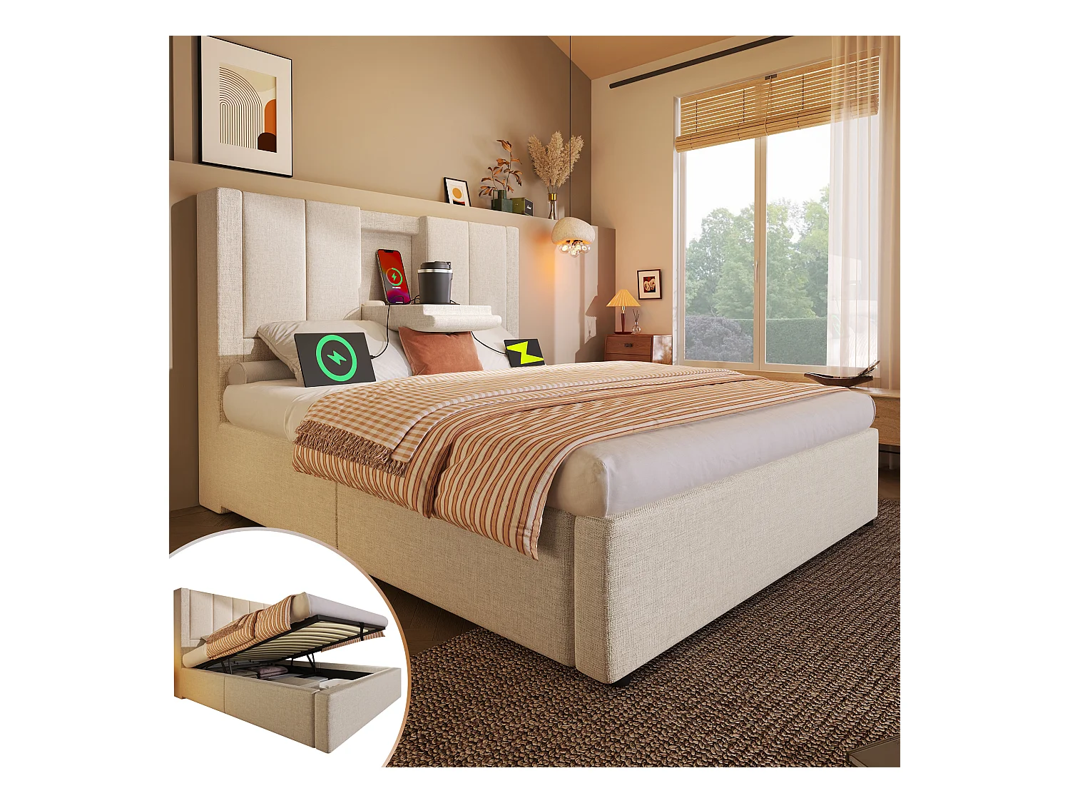 Lit coffre rembourré simple - 90 x 200 cm - avec porte-gobelet caché et station de charge - lin - beige