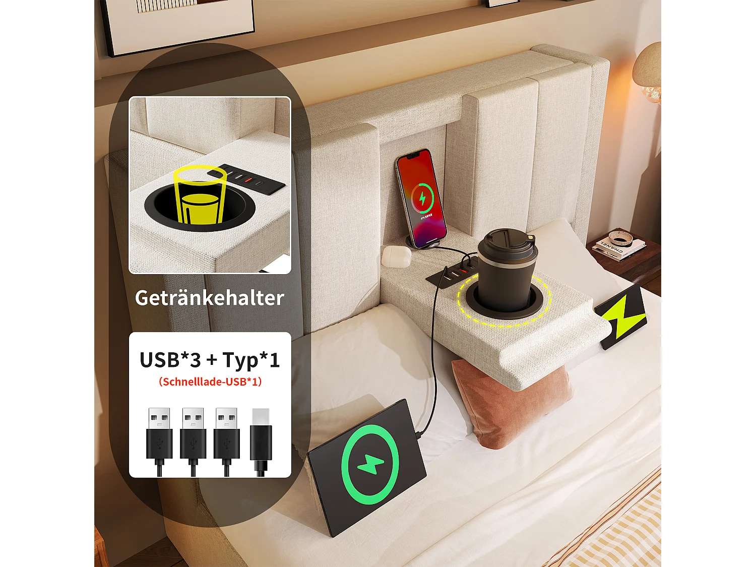 Gepolstertes Einzelbett mit Stauraum – 90 x 200 cm – mit verstecktem Getränkehalter und Ladestation – Leinen – Beige