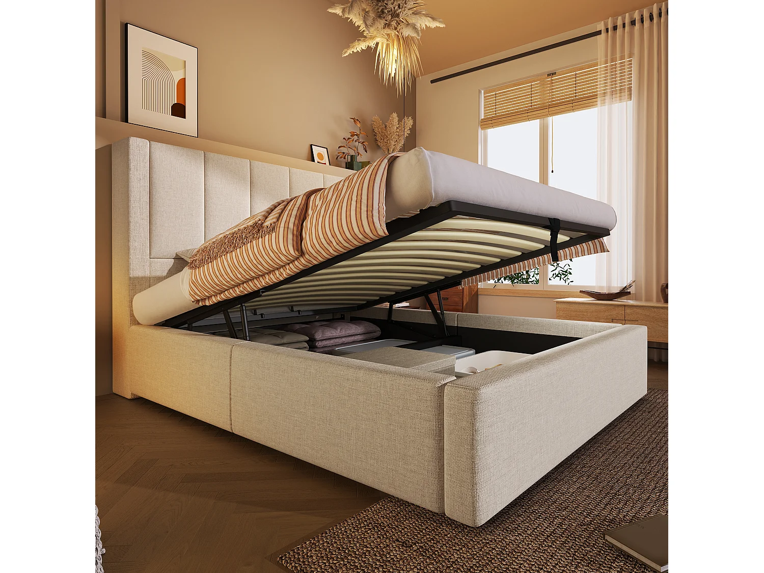 Gepolstertes Einzelbett mit Stauraum – 90 x 200 cm – mit verstecktem Getränkehalter und Ladestation – Leinen – Beige