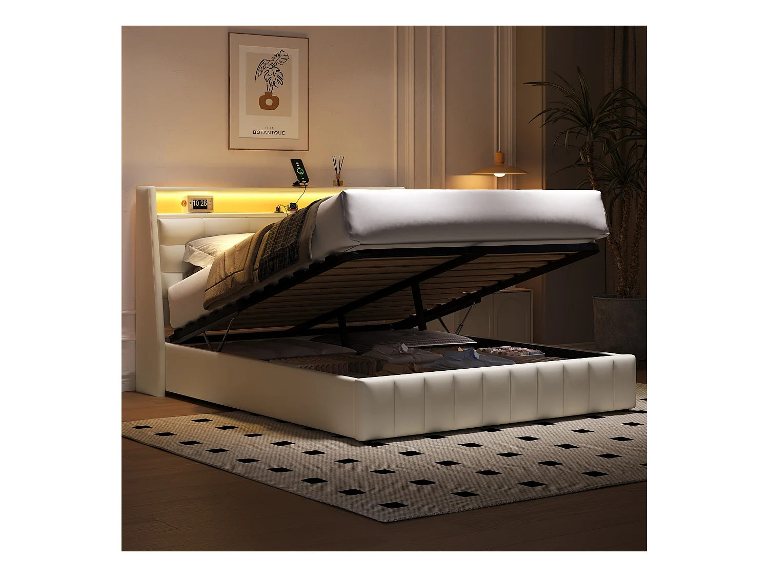 Lit coffre rembourré - 160 x 200 cm - avec Leds et port USB - rangement et coussins de tête de lit réglables - MDF - blanc