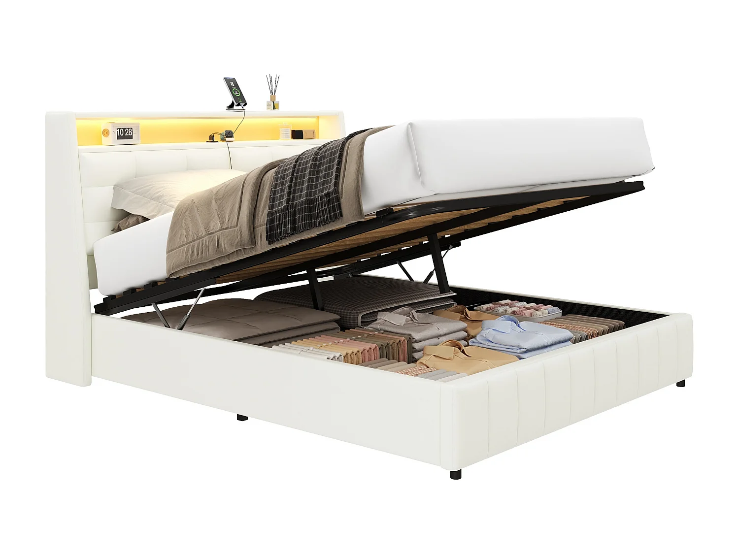 Lit coffre rembourré - 160 x 200 cm - avec Leds et port USB - rangement et coussins de tête de lit réglables - MDF - blanc