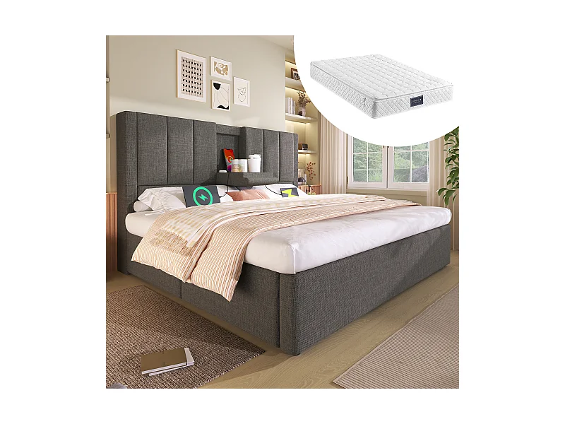 Lit coffre rembourré double - 140 x 200 cm - avec porte-gobelet caché et station de charge - lin - gris(avec matelas)
