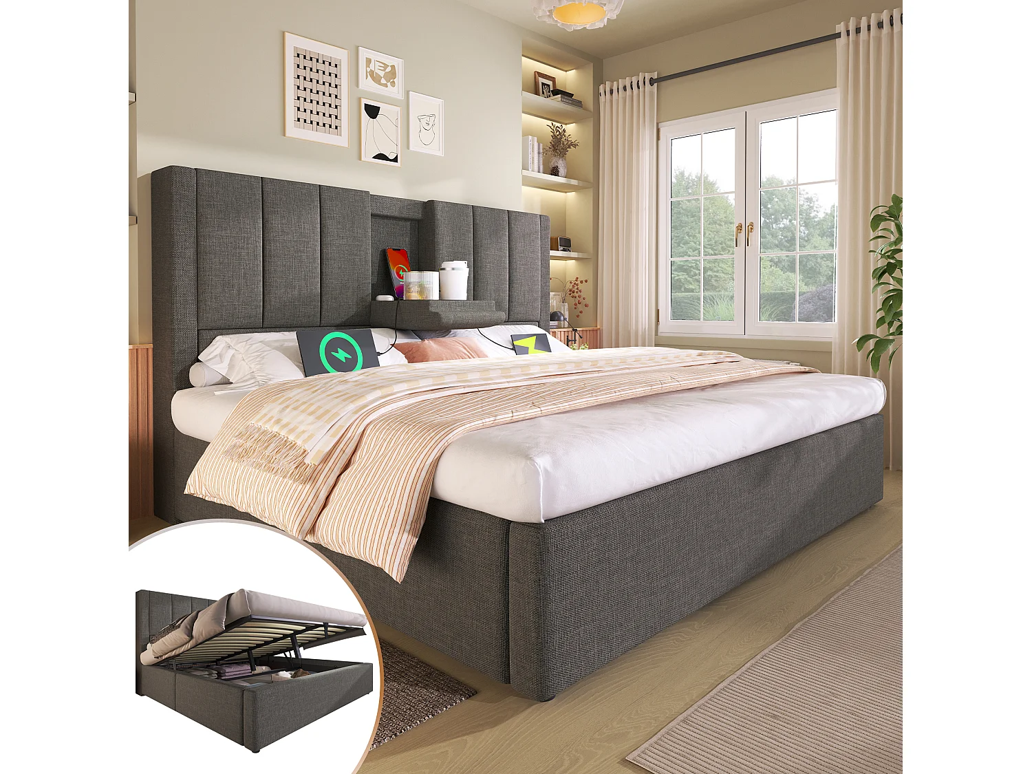 Letto contenitore matrimoniale imbottito - 140 x 200 cm - con portabicchieri nascosto e stazione di ricarica - lino - grigio (con materasso)