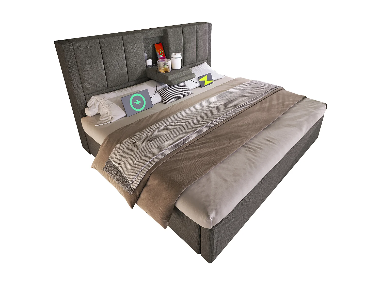 Letto contenitore matrimoniale imbottito - 140 x 200 cm - con portabicchieri nascosto e stazione di ricarica - lino - grigio (con materasso)