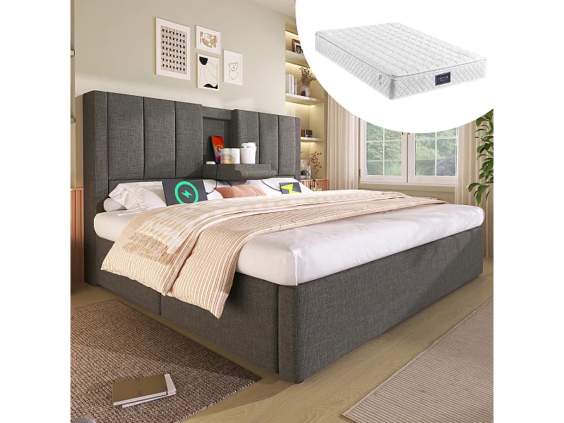 Lit coffre rembourré double - 160 x 200 cm - avec porte-gobelet caché et station de charge - lin - gris(avec matelas)