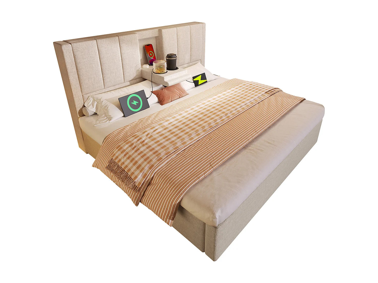 Gepolstertes Doppelbett mit Stauraum – 160 x 200 cm – mit verstecktem Getränkehalter und Ladestation – Leinen – Beige