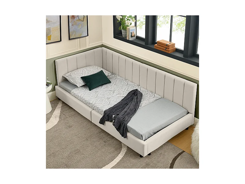 Lit enfant 90 x 200 cm - Lit simple à rayures verticales - velours beige - matelas non inclus