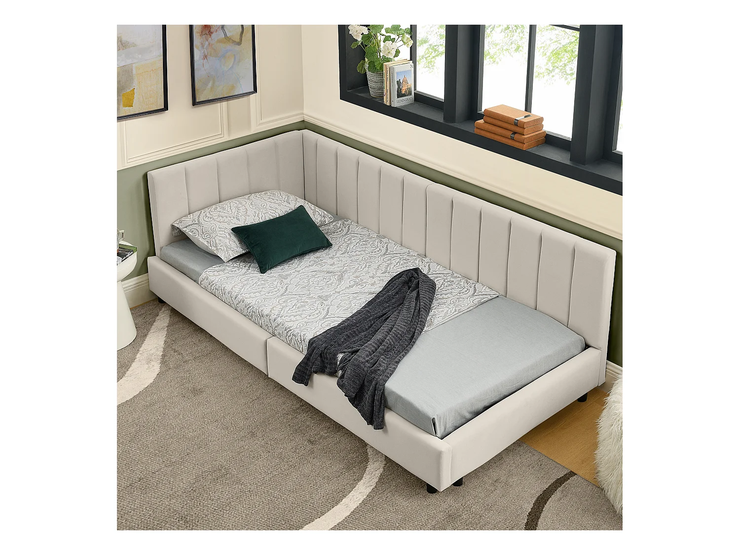 Lit enfant 90 x 200 cm - Lit simple à rayures verticales - velours beige - matelas non inclus