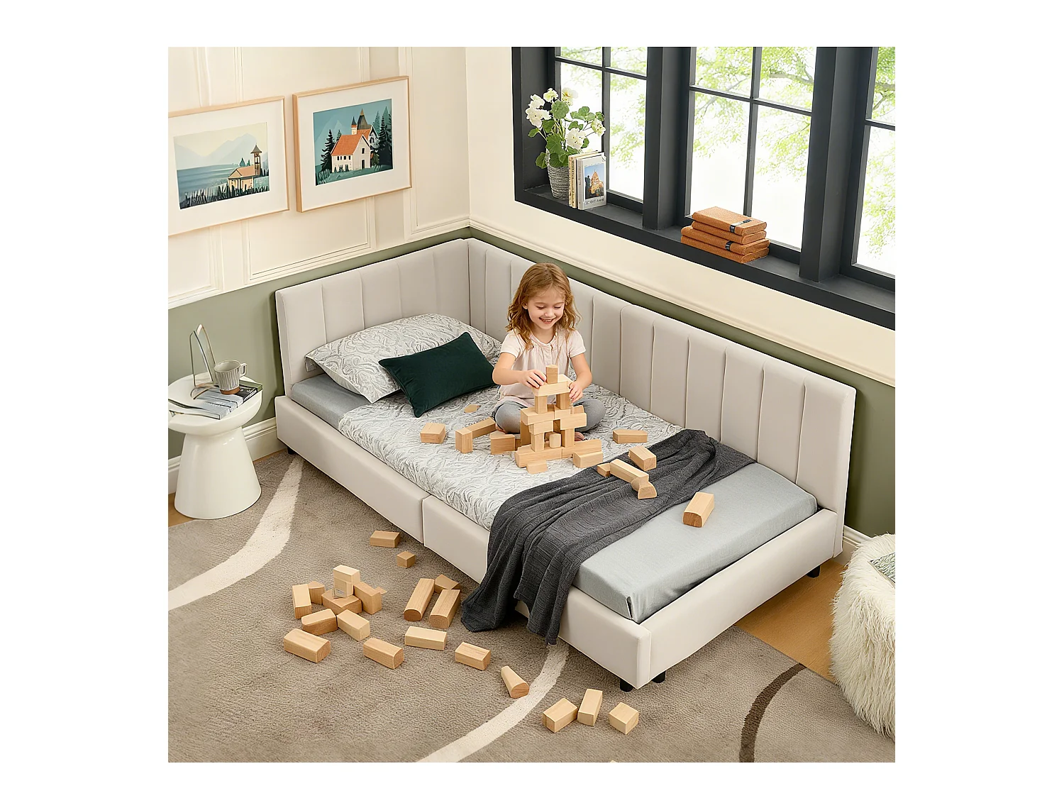 Lit enfant 90 x 200 cm - Lit simple à rayures verticales - velours beige - matelas non inclus