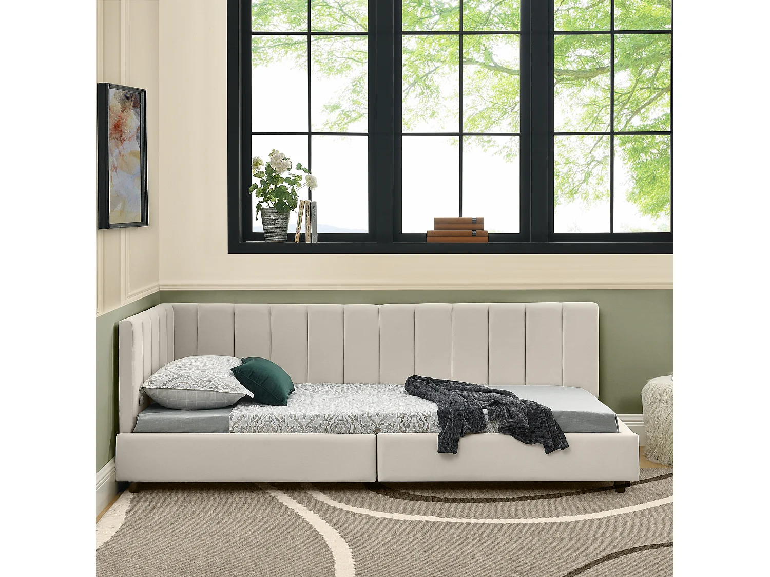 Letto per bambini 90 x 200 cm - Letto singolo con righe verticali - velluto beige - materasso non incluso