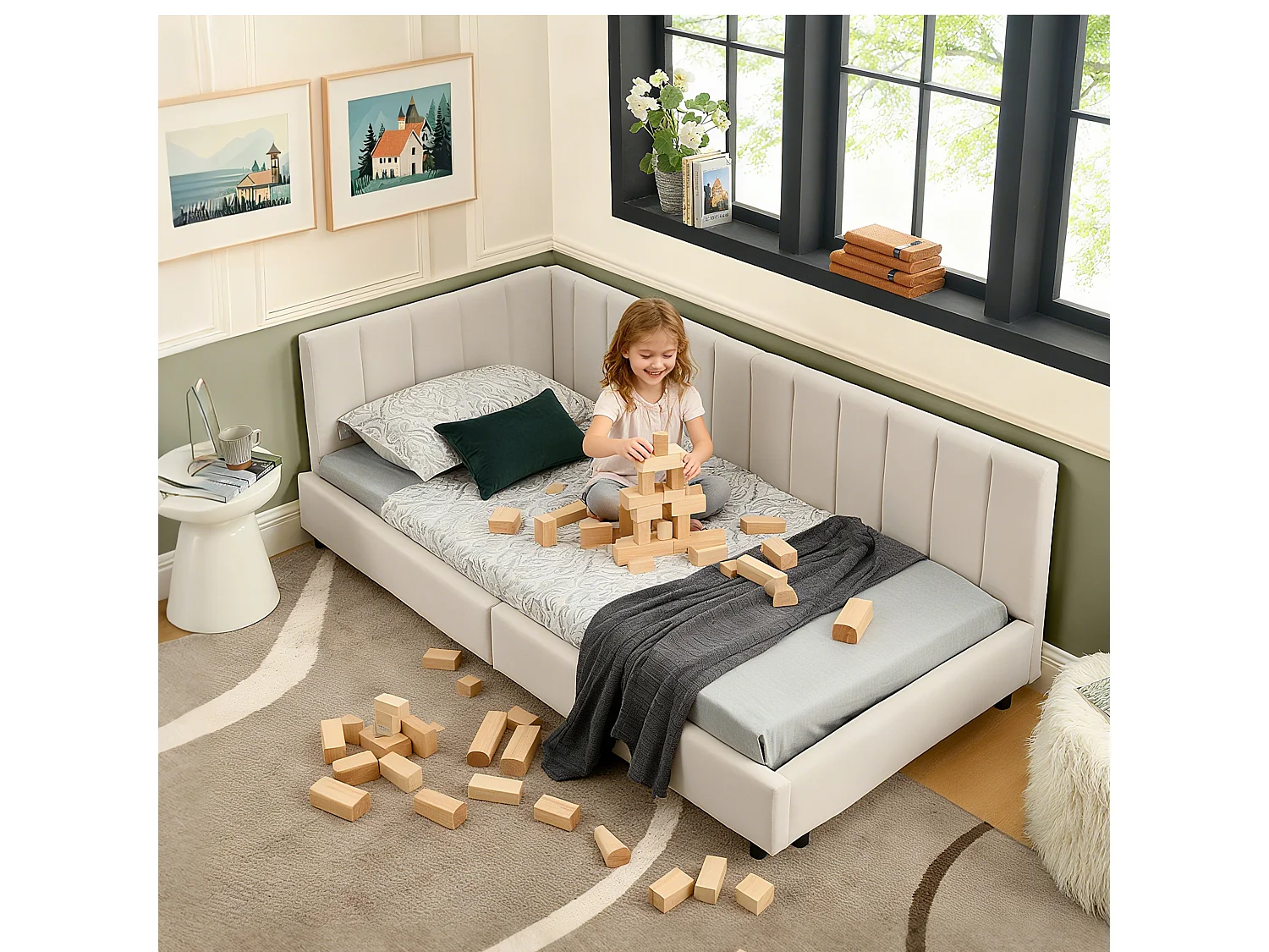 Letto per bambini 90 x 200 cm - Letto singolo con righe verticali - velluto beige - materasso non incluso