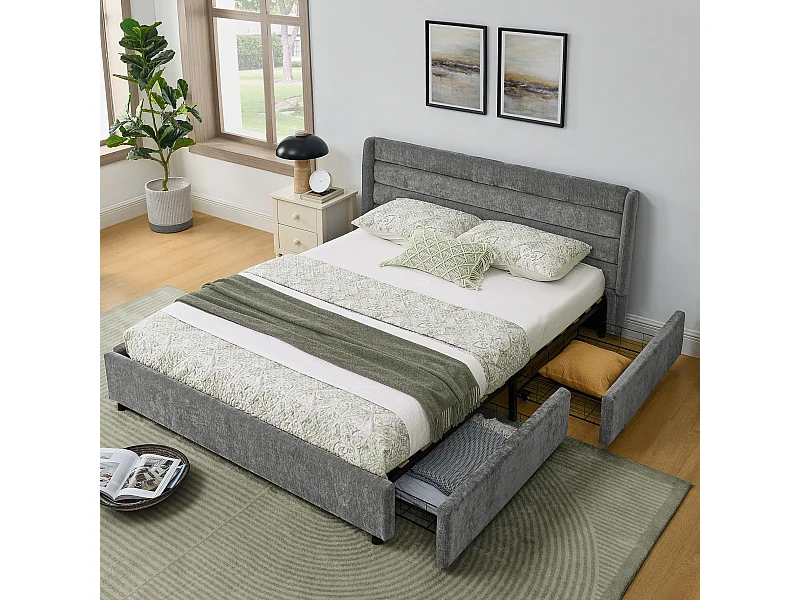 Lit double 140 x 200 cm - Lit adulte avec 2 grands tiroirs de rangement - tissu chenille gris foncé - matelas non inclus