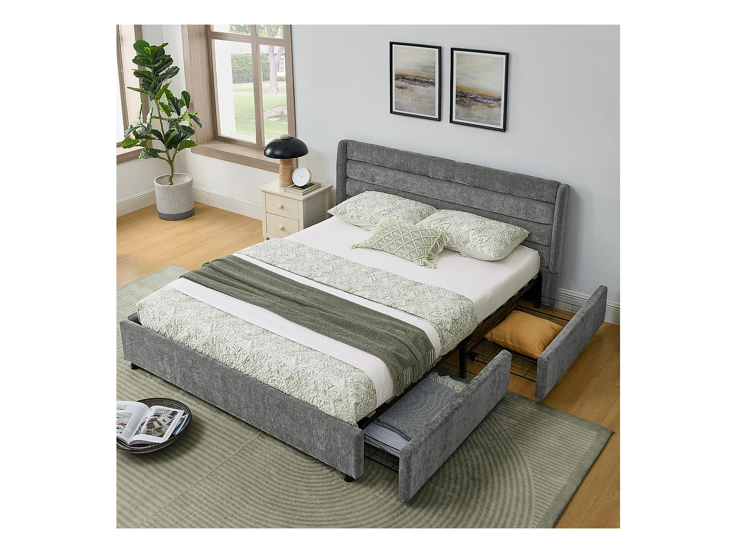 Łóżko podwójne 140 x 200 cm – łóżko dla dorosłych z 2 dużymi szufladami – ciemnoszara tkanina szenilowa – materac nie jest wliczony w cenę