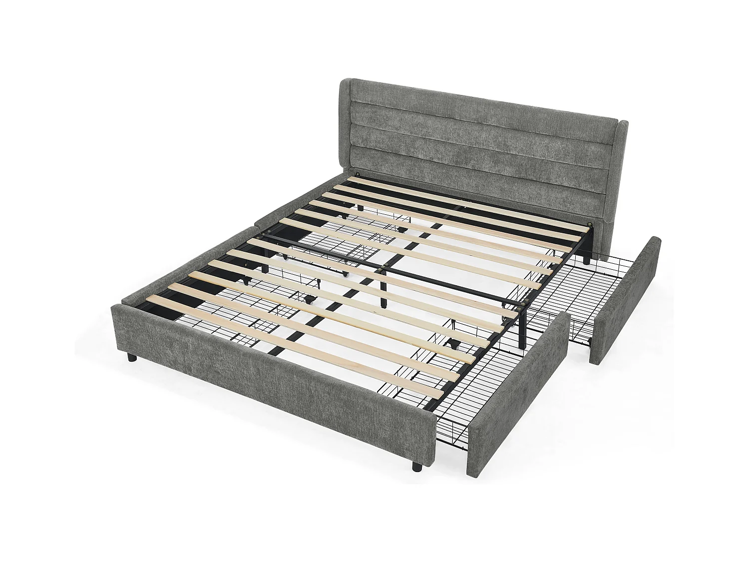 Łóżko podwójne 140 x 200 cm – łóżko dla dorosłych z 2 dużymi szufladami – ciemnoszara tkanina szenilowa – materac nie jest wliczony w cenę