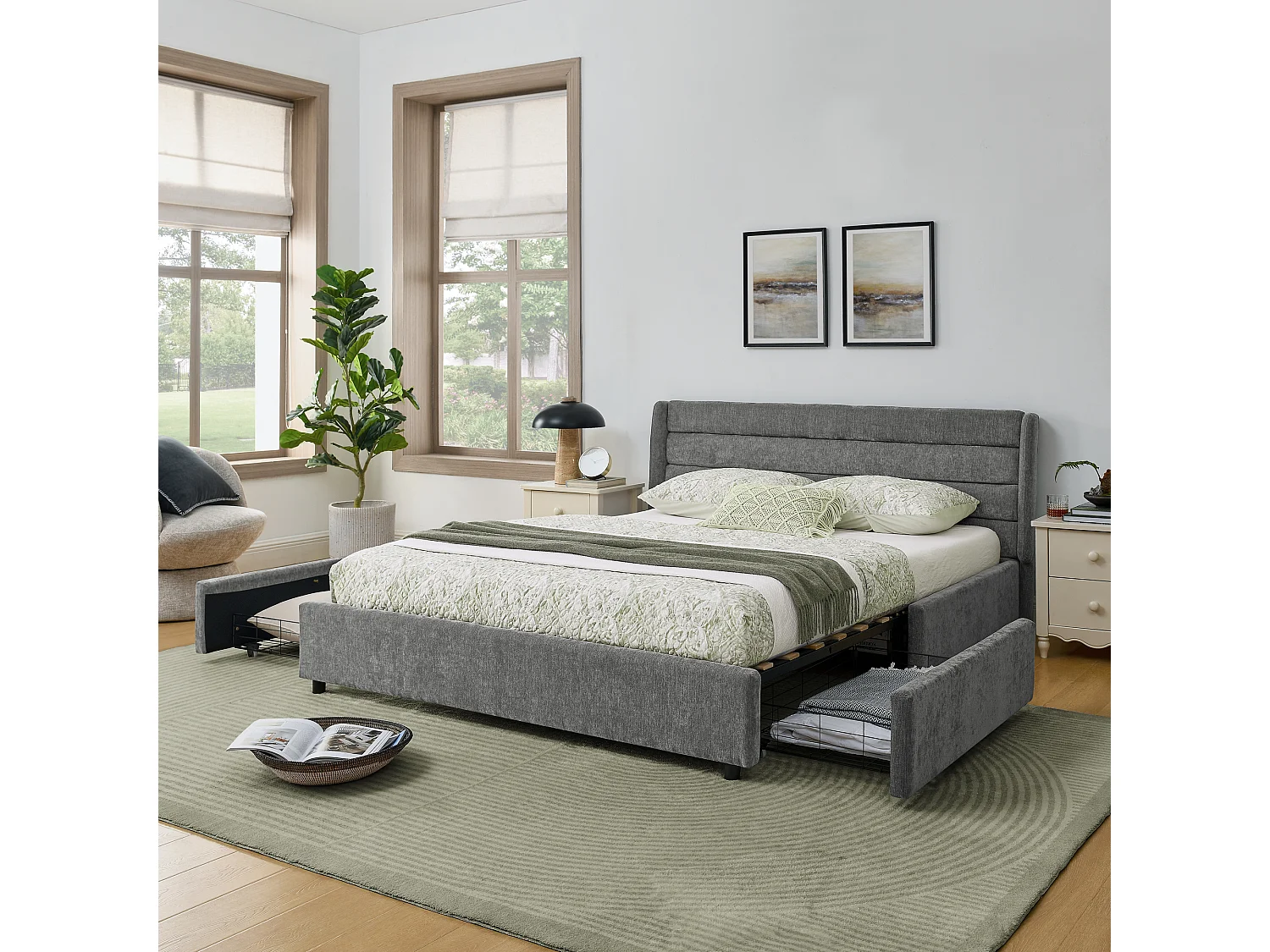 Lit double 140 x 200 cm - Lit adulte avec 2 grands tiroirs de rangement - tissu chenille gris foncé - matelas non inclus