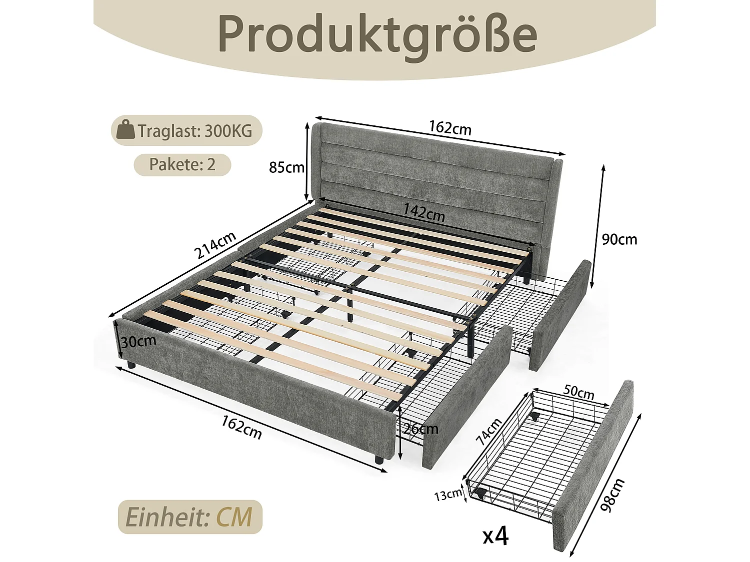 Lit double 140 x 200 cm - Lit adulte avec 2 grands tiroirs de rangement - tissu chenille gris foncé - matelas non inclus