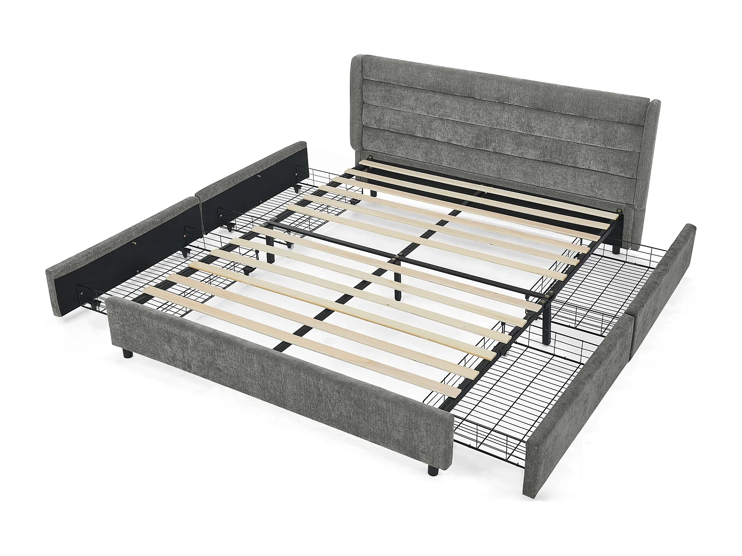 Lit double 140 x 200 cm - Lit adulte avec 2 grands tiroirs de rangement - tissu chenille gris foncé - matelas non inclus
