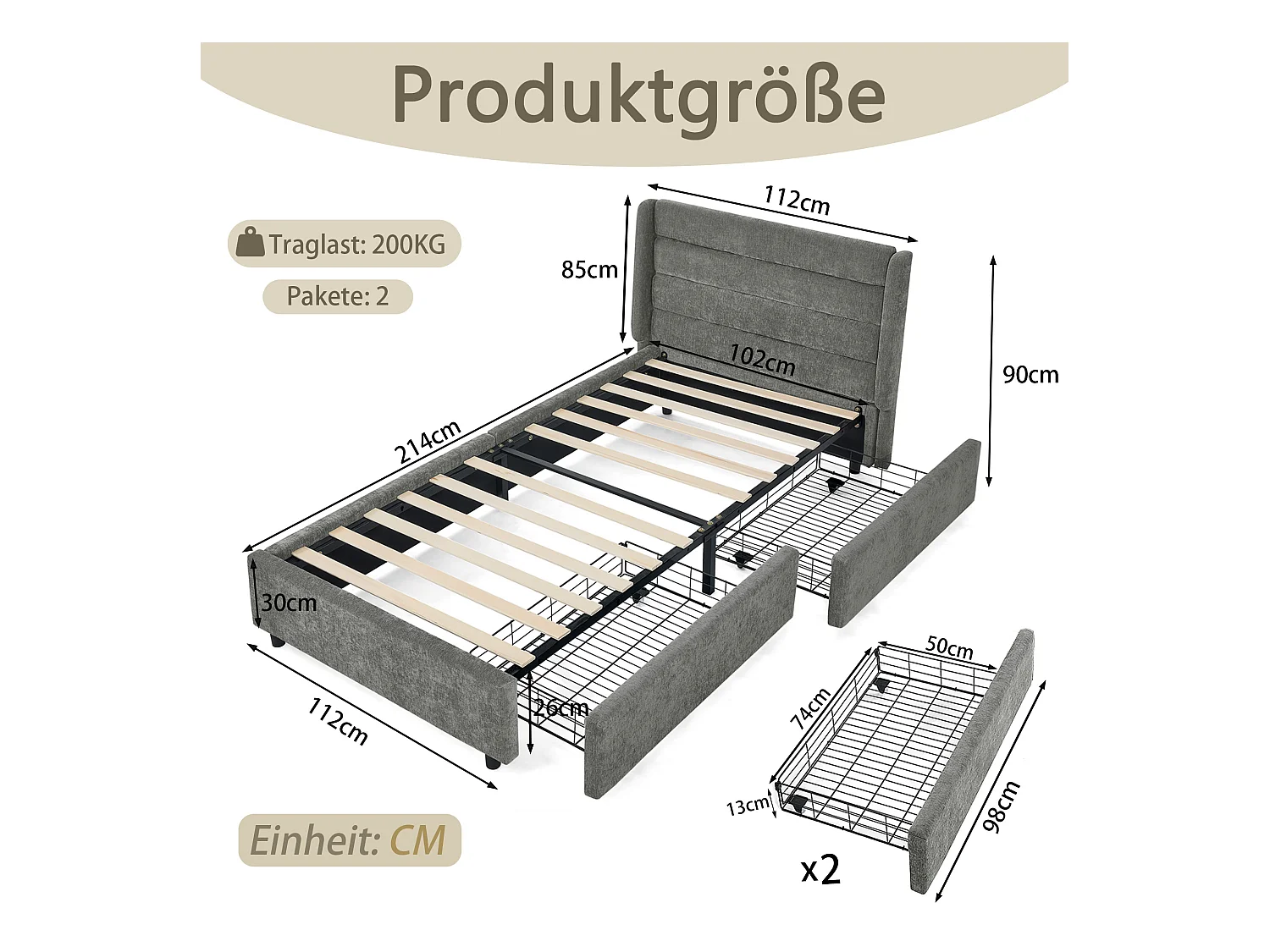 Łóżko pojedyncze 90 x 200 cm - Łóżko dziecięce z 2 dużymi szufladami - ciemnoszara tkanina szenilowa - materac nie jest wliczony w cenę