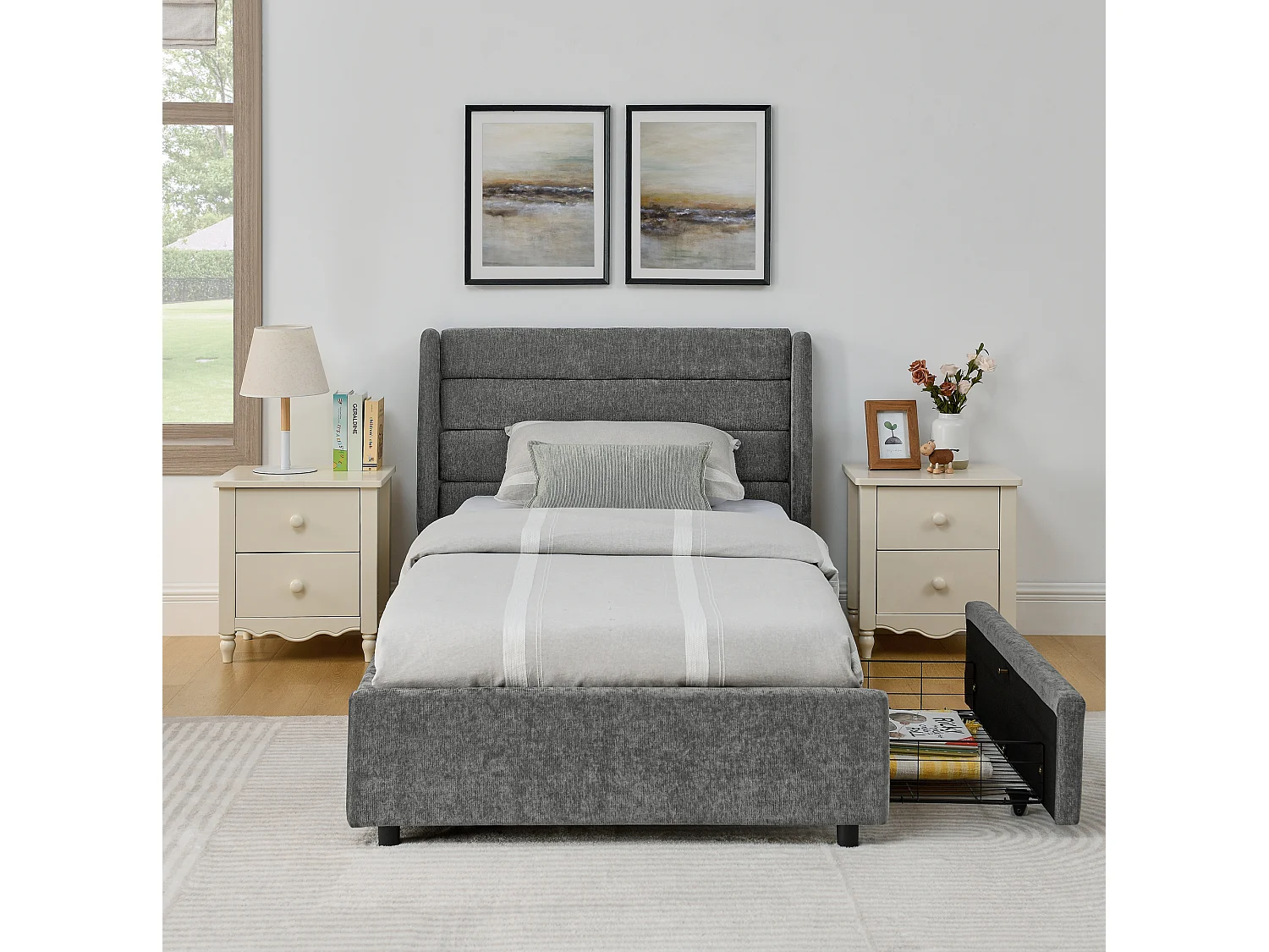 Lit simple 90 x 200 cm - Lit enfant avec 2 grands tiroirs de rangement - tissu chenille gris foncé - matelas non inclus