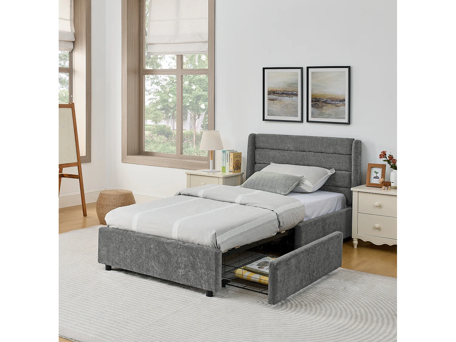 Lit simple 90 x 200 cm - Lit enfant avec 2 grands tiroirs de rangement - tissu chenille gris foncé - matelas non inclus