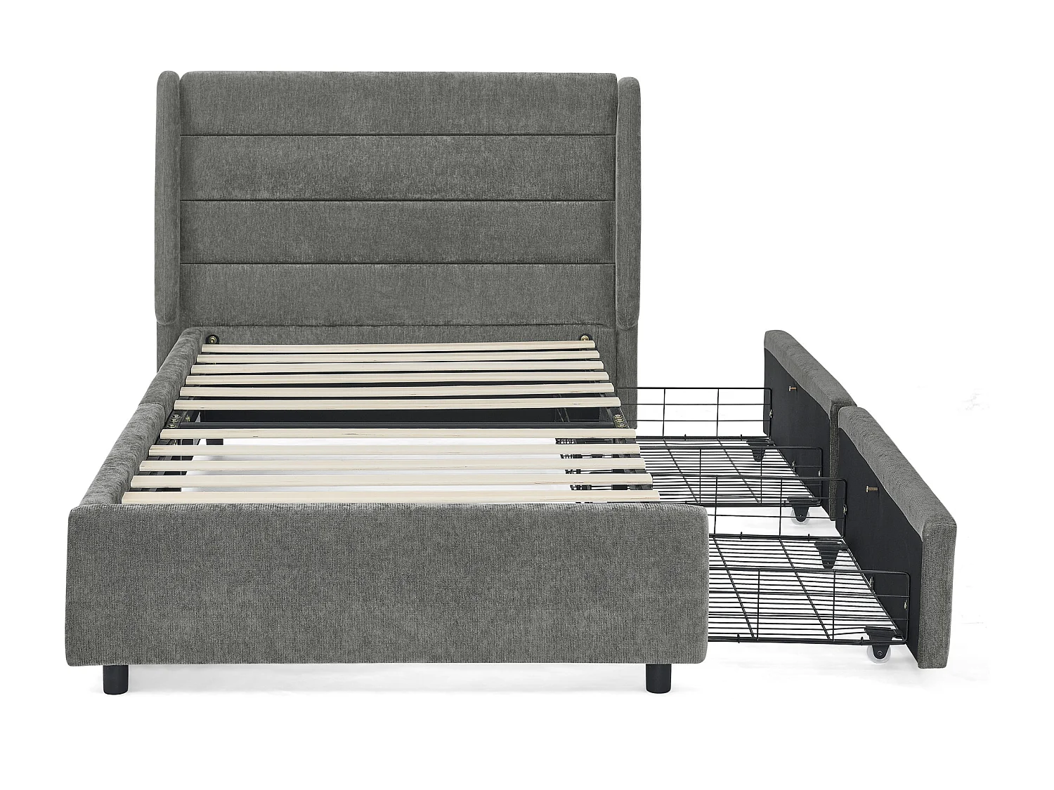 Lit simple 90 x 200 cm - Lit enfant avec 2 grands tiroirs de rangement - tissu chenille gris foncé - matelas non inclus