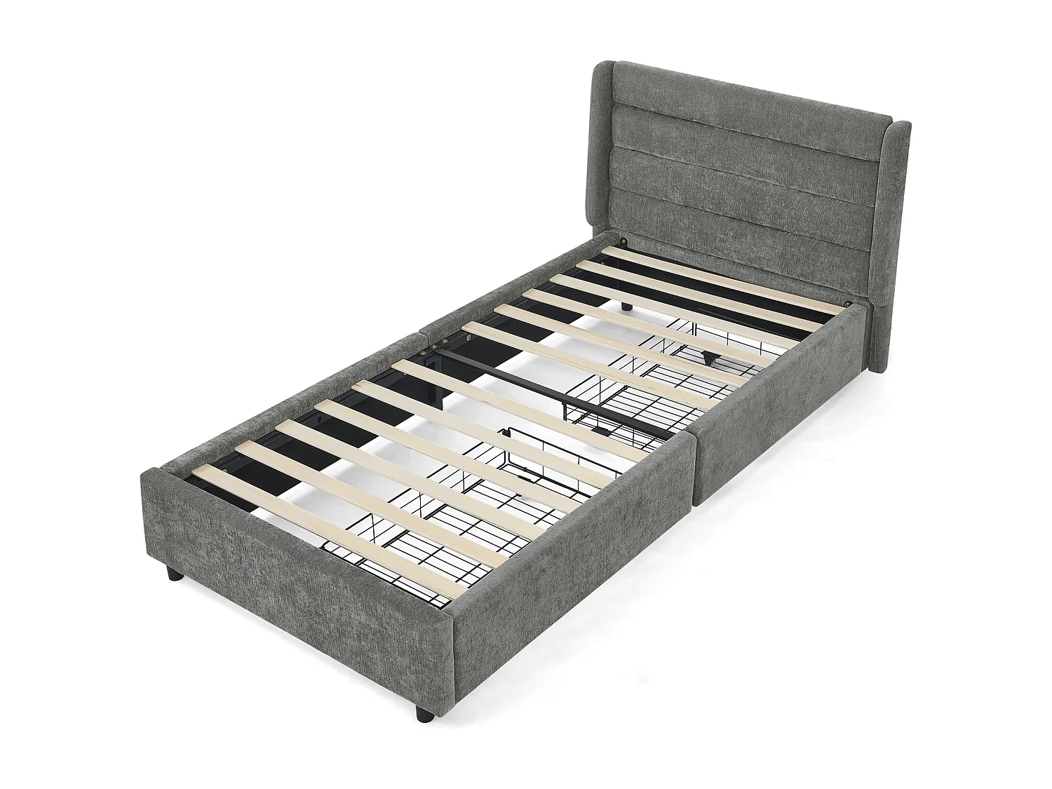 Lit simple 90 x 200 cm - Lit enfant avec 2 grands tiroirs de rangement - tissu chenille gris foncé - matelas non inclus