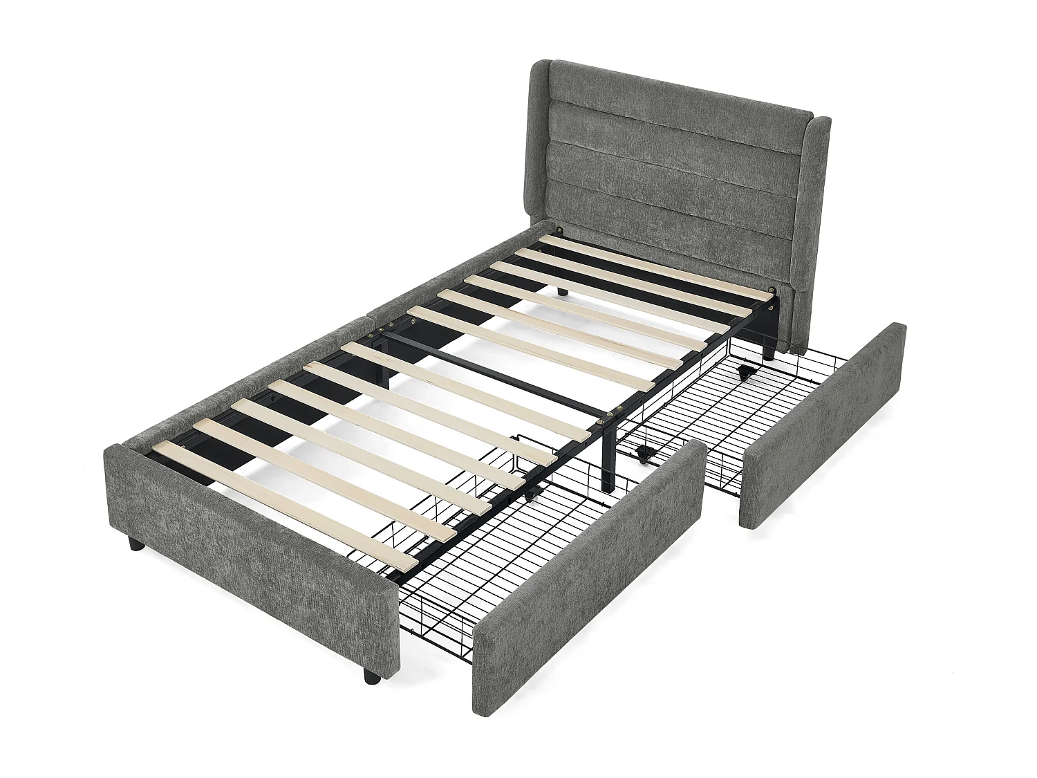 Lit simple 90 x 200 cm - Lit enfant avec 2 grands tiroirs de rangement - tissu chenille gris foncé - matelas non inclus