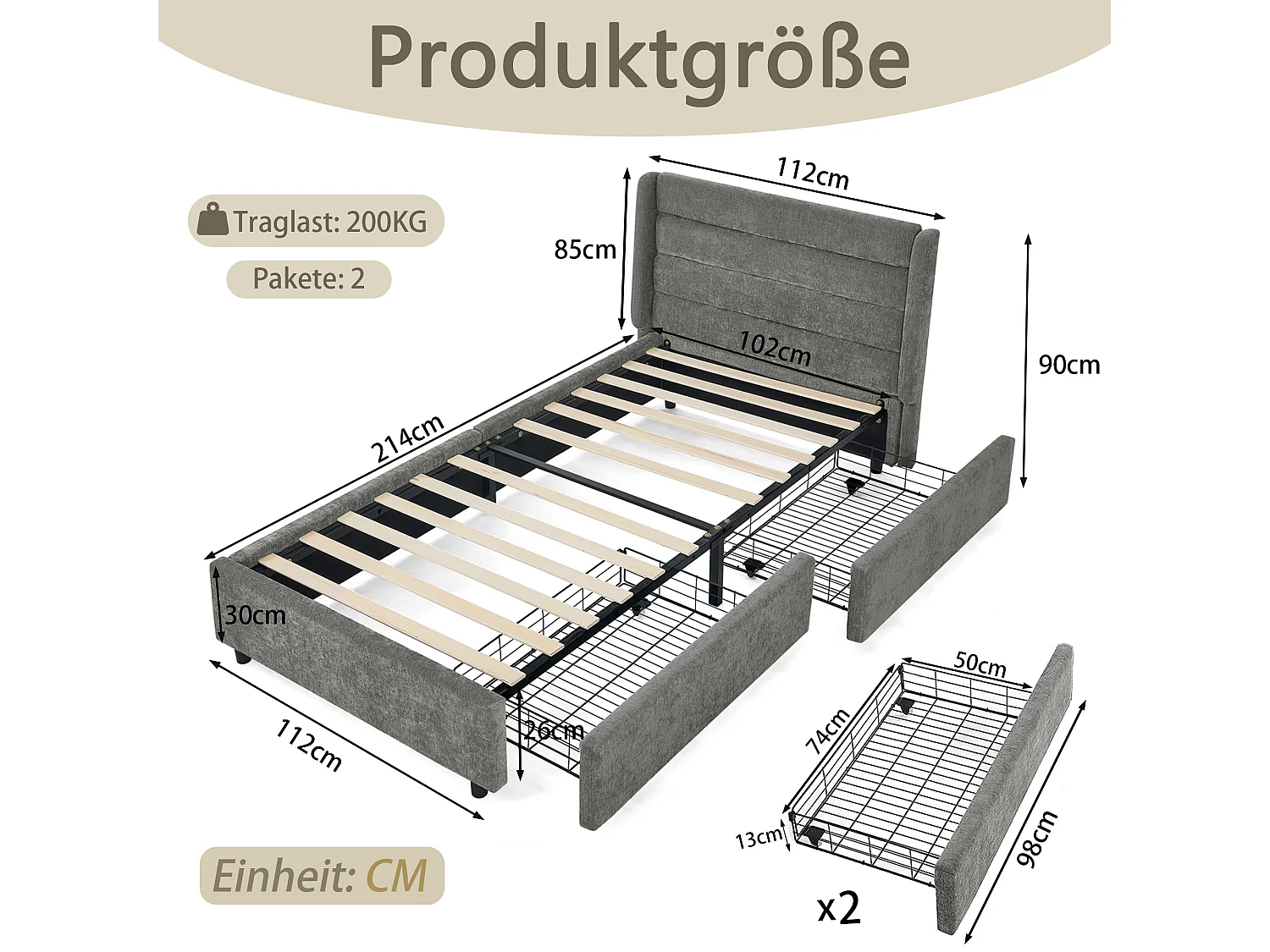 Lit simple 90 x 200 cm - Lit enfant avec 2 grands tiroirs de rangement - tissu chenille gris foncé - matelas non inclus