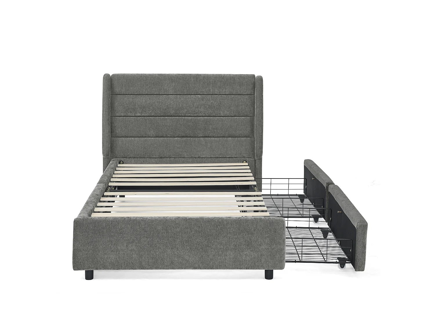 Lit simple 90 x 200 cm - Lit enfant avec 2 grands tiroirs de rangement - tissu chenille gris foncé - matelas non inclus