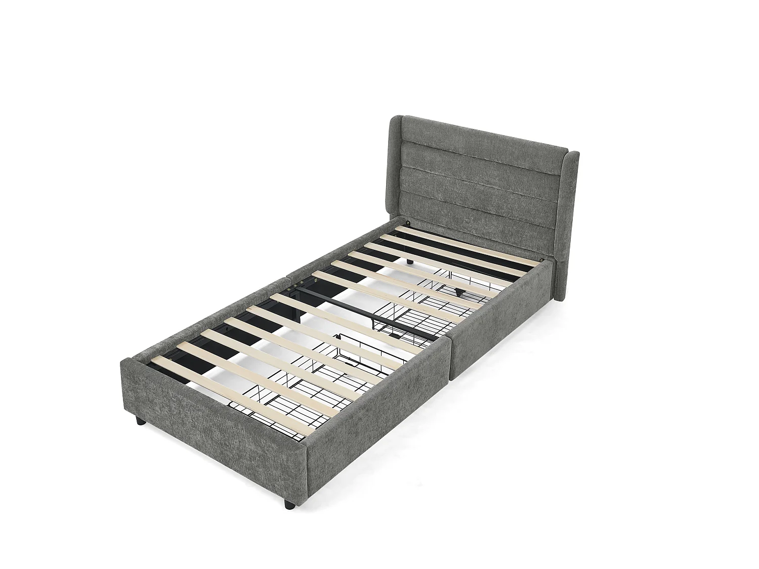 Lit simple 90 x 200 cm - Lit enfant avec 2 grands tiroirs de rangement - tissu chenille gris foncé - matelas non inclus