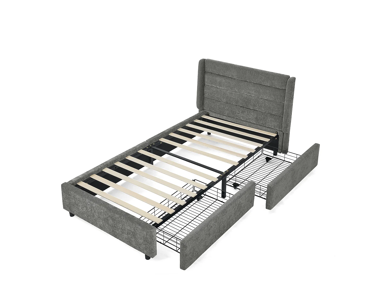 Lit simple 90 x 200 cm - Lit enfant avec 2 grands tiroirs de rangement - tissu chenille gris foncé - matelas non inclus
