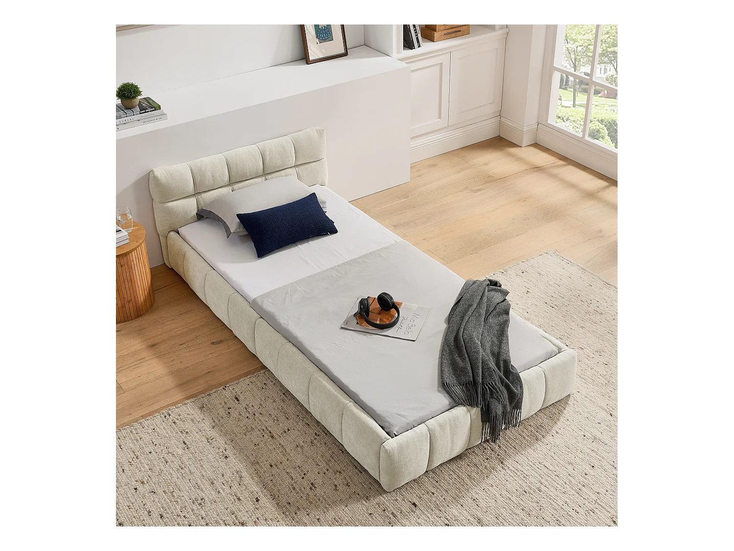 Łóżko pojedyncze 90 x 200 cm - Łóżko dziecięce z miękkim zagłówkiem i żelazną ramą - beżowa tkanina szenilowa - materac nie jest wliczony w cenę