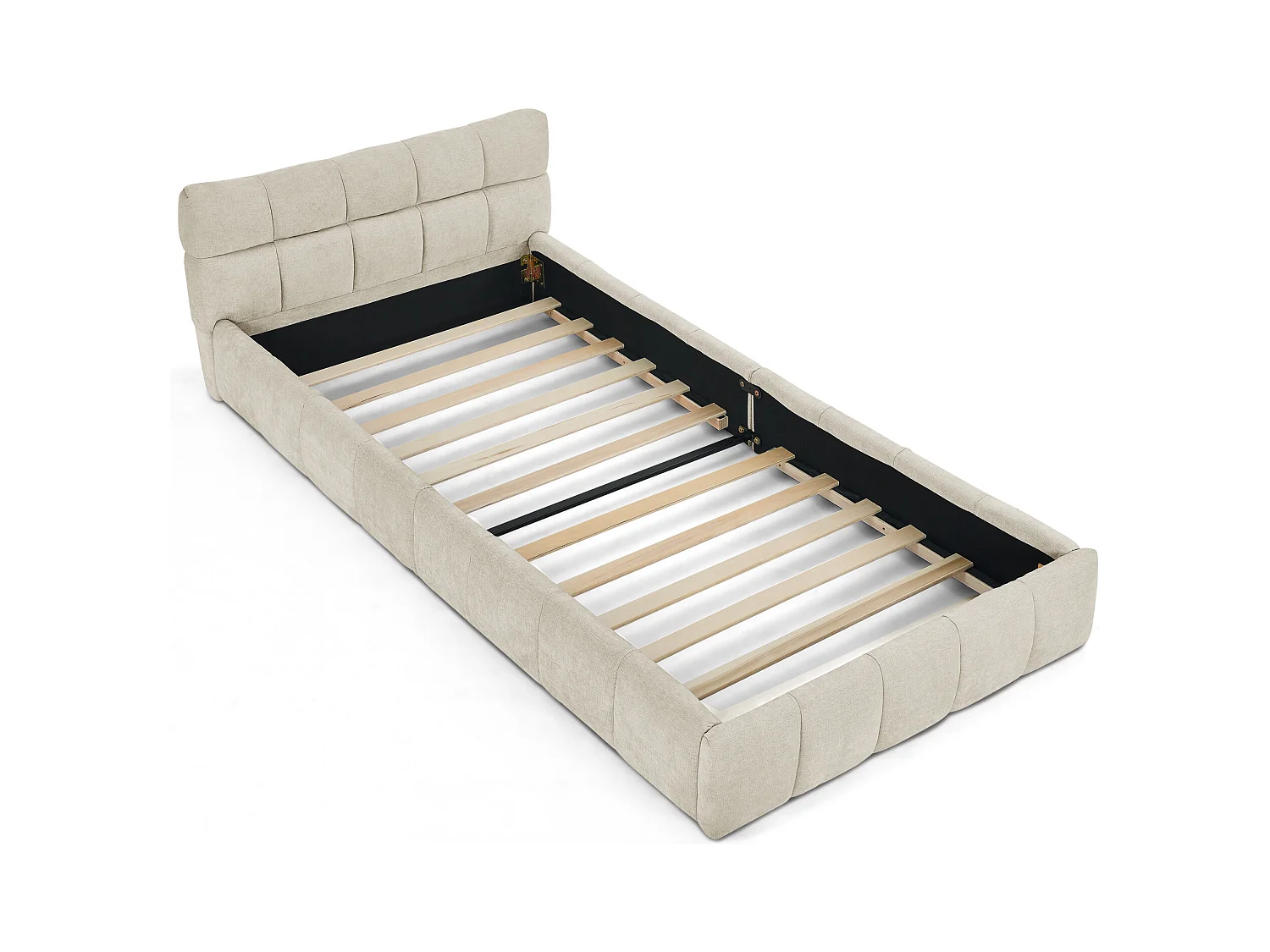 Łóżko pojedyncze 90 x 200 cm - Łóżko dziecięce z miękkim zagłówkiem i żelazną ramą - beżowa tkanina szenilowa - materac nie jest wliczony w cenę