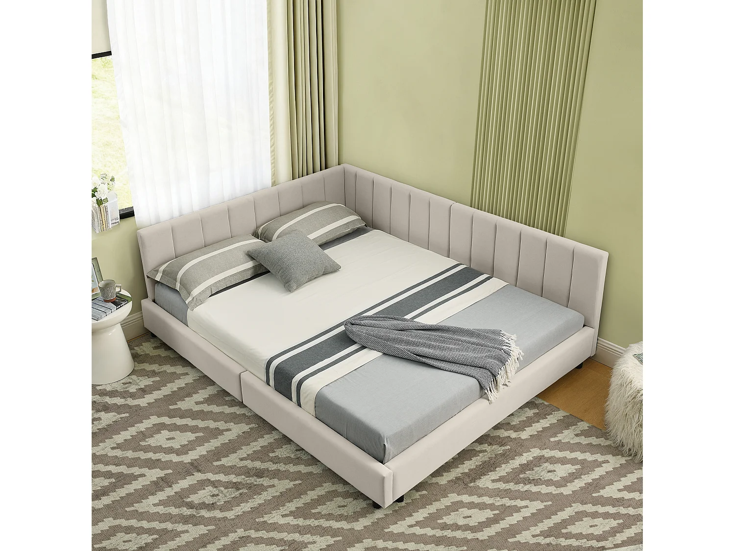 Letto per adulti 140 x 200 cm - Letto matrimoniale a righe verticali - velluto beige - materasso non incluso