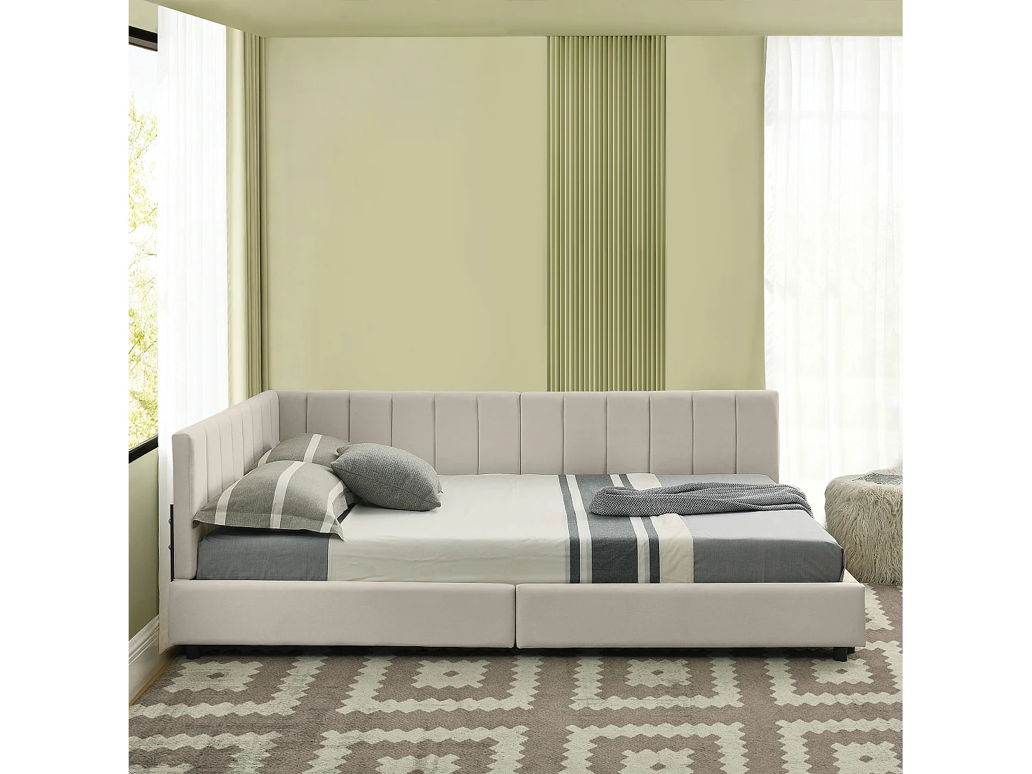 Letto per adulti 140 x 200 cm - Letto matrimoniale a righe verticali - velluto beige - materasso non incluso