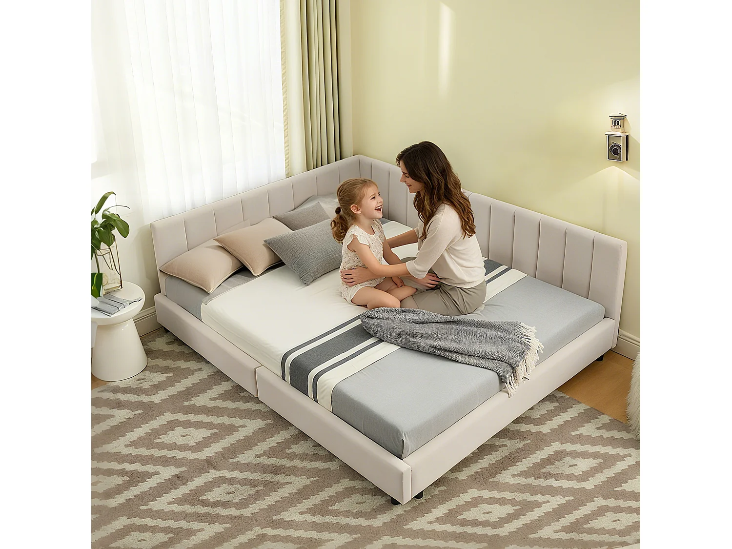 Letto per adulti 140 x 200 cm - Letto matrimoniale a righe verticali - velluto beige - materasso non incluso