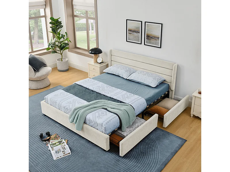 Lit double 140 x 200 cm - Lit adulte avec 2 grands tiroirs de rangement - tissu chenille beige - matelas non inclus