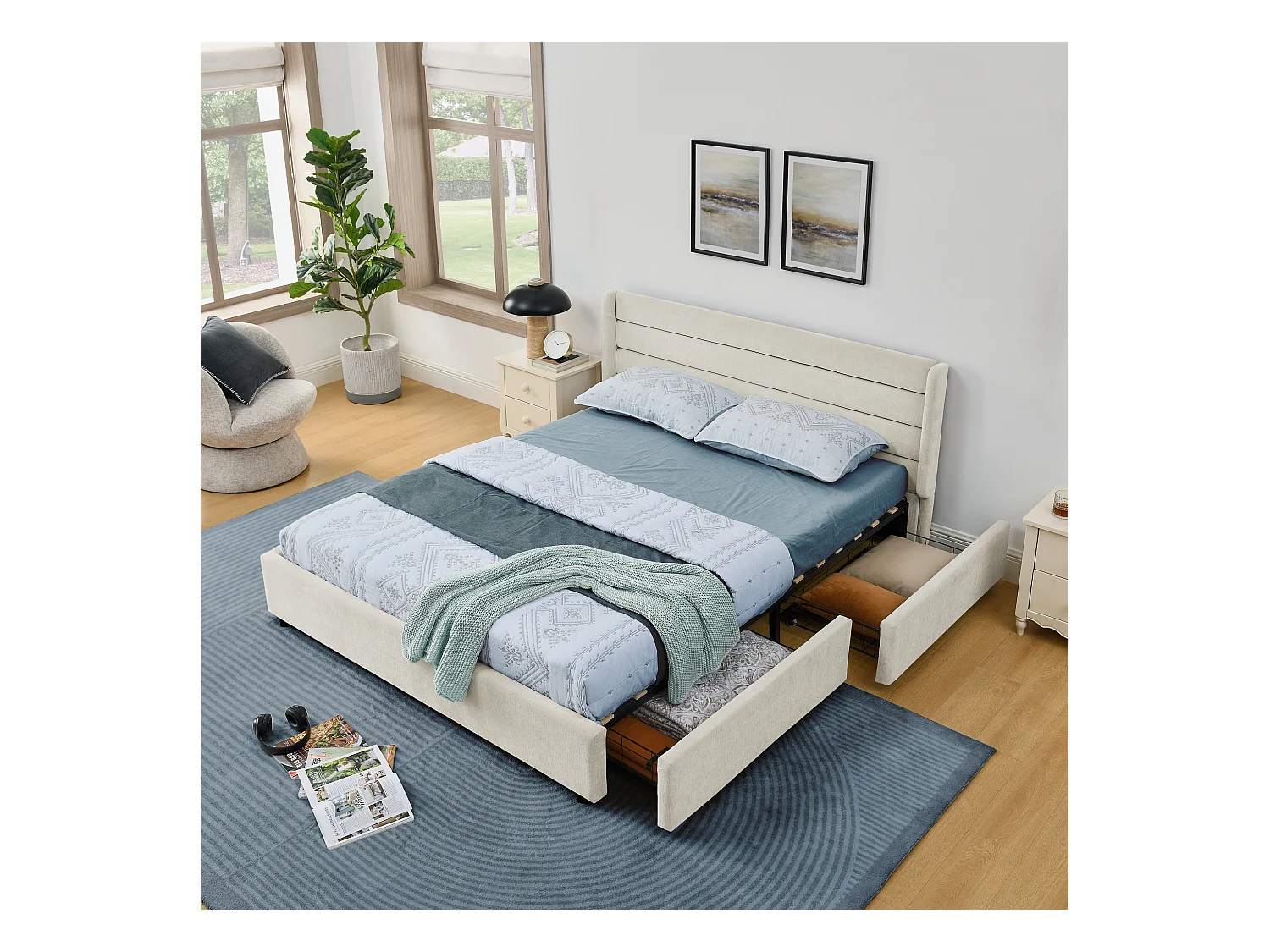 Łóżko podwójne 140 x 200 cm – łóżko dla dorosłych z 2 dużymi szufladami – beżowa tkanina szenilowa – materac nie jest wliczony w cenę