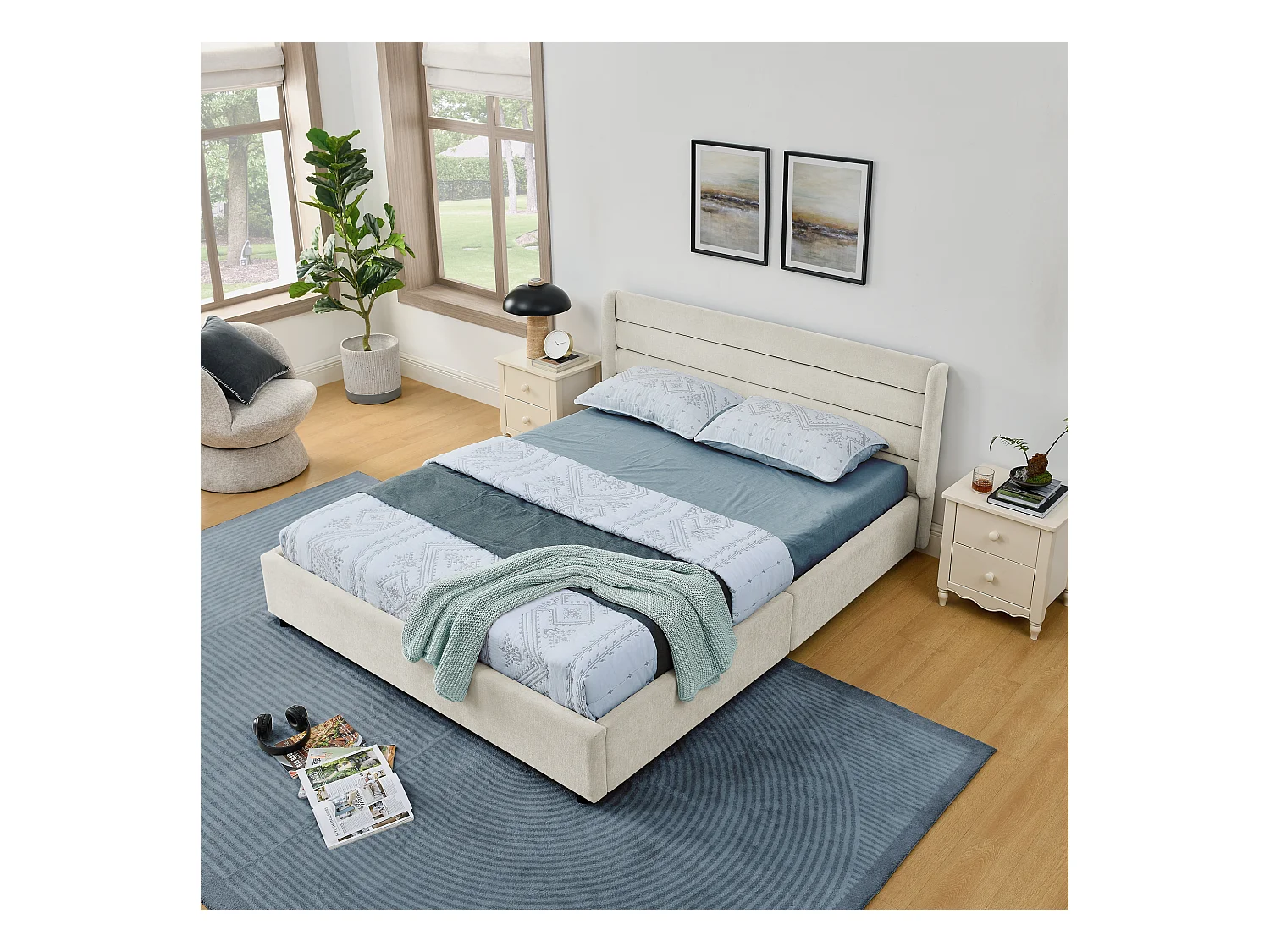 Łóżko podwójne 140 x 200 cm – łóżko dla dorosłych z 2 dużymi szufladami – beżowa tkanina szenilowa – materac nie jest wliczony w cenę