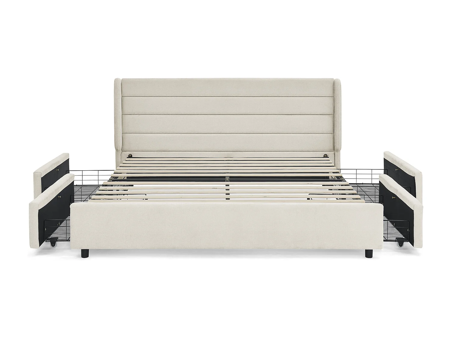 Lit double 140 x 200 cm - Lit adulte avec 2 grands tiroirs de rangement - tissu chenille beige - matelas non inclus