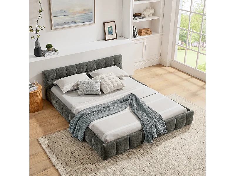 Tweepersoonsbed 160 x 200 cm - Volwassen bed met zacht hoofdeinde en ijzeren frame - donkergrijs chenille - matras niet inbegrepen