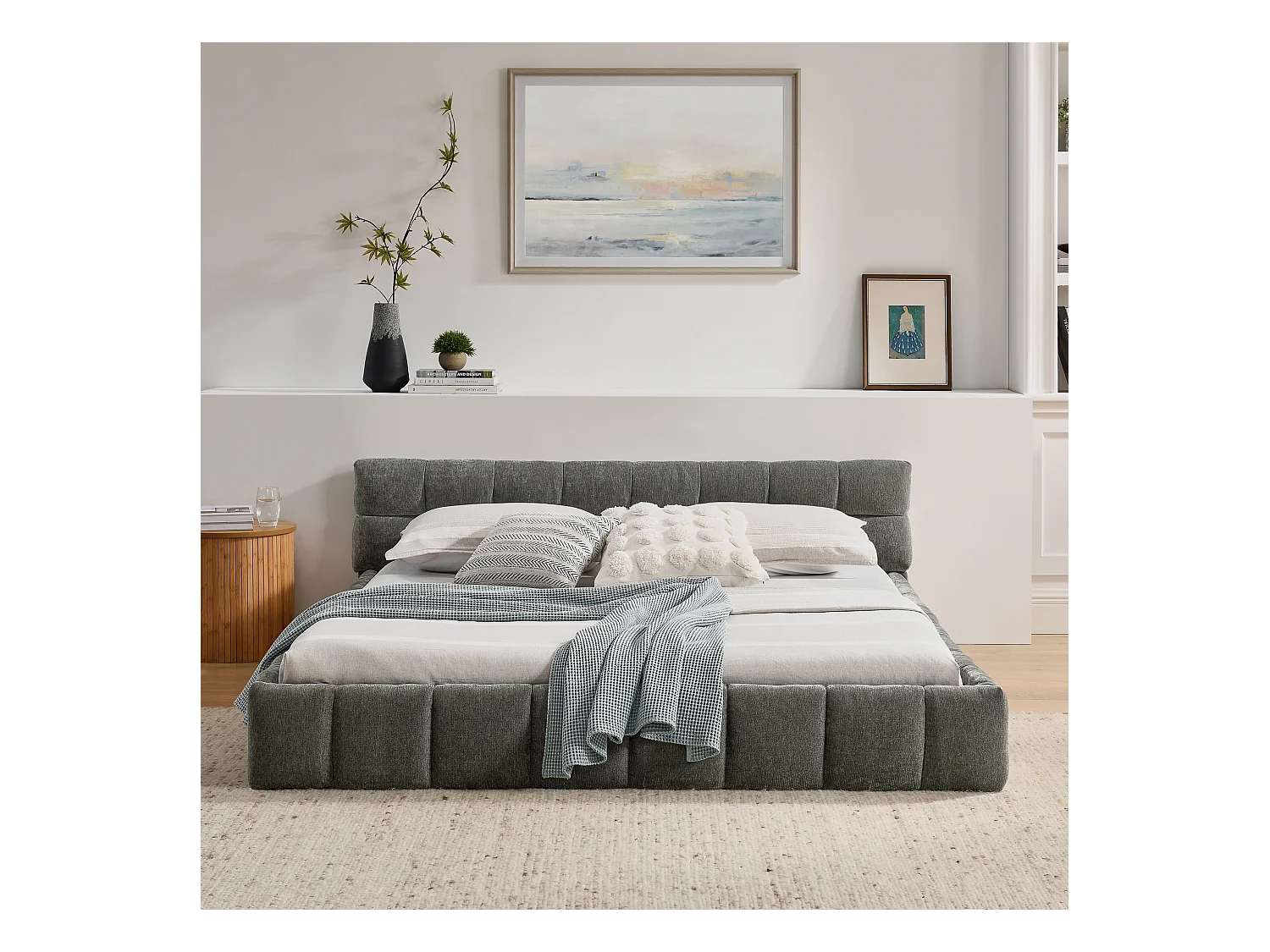 Łóżko podwójne 160 x 200 cm - Łóżko dla dorosłych z miękkim zagłówkiem i żelazną ramą - ciemnoszara tkanina szenilowa - materac nie jest wliczony w cenę