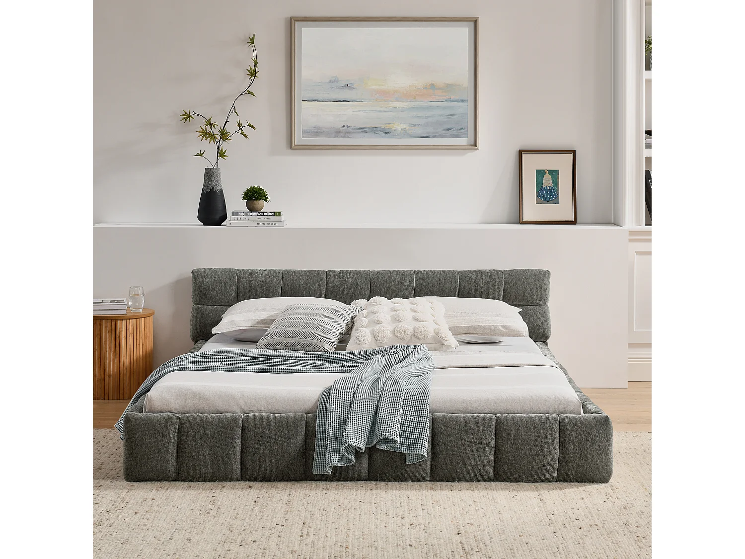 Łóżko podwójne 160 x 200 cm - Łóżko dla dorosłych z miękkim zagłówkiem i żelazną ramą - ciemnoszara tkanina szenilowa - materac nie jest wliczony w cenę